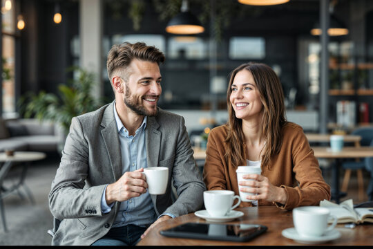 Two cheerful colleagues share a pleasant conversation over coffee in a stylish cafe atmosphere. The warm setting enhances a sense of camaraderie and positivity.