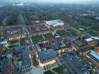 Naklejka premium Downtown Central Welwyn Garden City of England Great Britain. Aerial Footage Was Captured with Drone's Camera on March 1st, 2024 from Medium High Altitude During Windy Day and Sunset Time.
