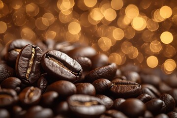 richly roasted coffee beans scattered across a blurred brown background with a bokeh effect enhancing the sensory allure of the aromatic beverage perfect for coffee lovers