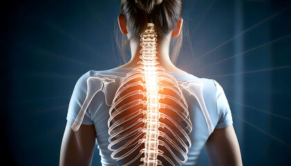 Stunning image of a woman's back with a glowing skeletal overlay, highlighting the spine and ribcage.  Perfect for medical, healthcare, or wellness websites, brochures, or presentations.
