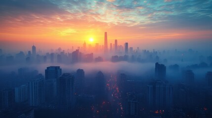 City skyline at sunrise with fog and skyscrapers
