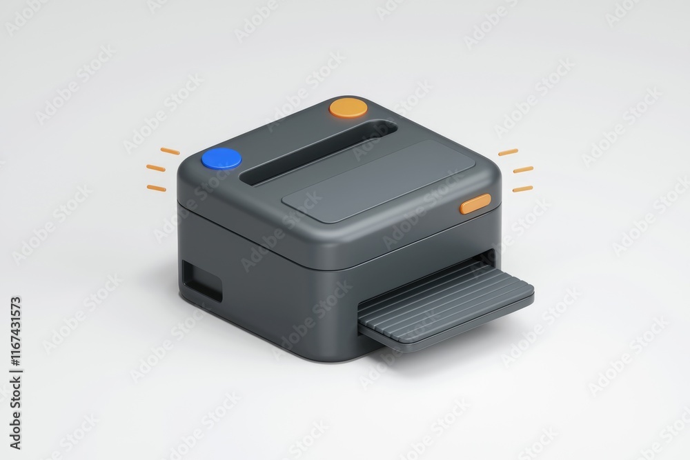 Poster a compact, dark gray 3d-rendered printer with colorful buttons, ready to print.