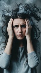 Woman overwhelmed by stress, smoke symbolizing mental turmoil.  A powerful image depicting emotional distress and anxiety.