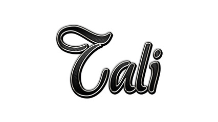 black metal 3d design of name Tali on white background.