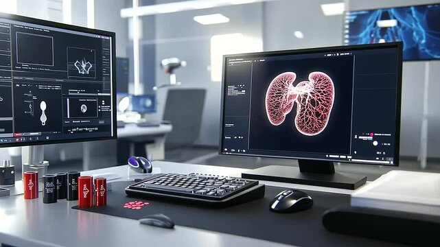 A high-tech workstation displaying a newly D-printed pancreas alongside bio-ink cartridges and holographic screens showing its internal structure