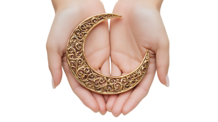 Two hands holding an ornate crescent moon symbol, suggesting spirituality.