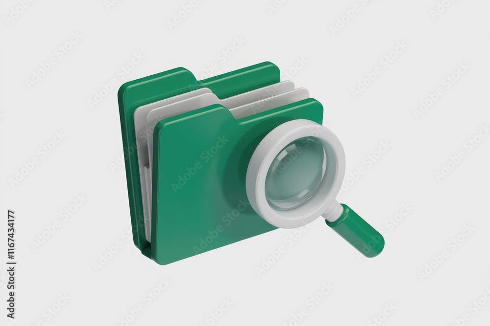Poster 3D render of a green folder with a magnifying glass, symbolizing file searching or data analysis.