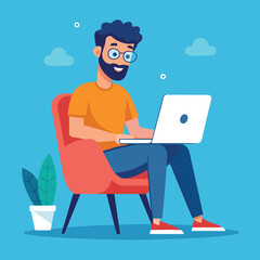 man working on his laptop, vector illustration	