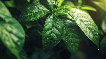Lush Green Leaves with Raindrops in Natural Light