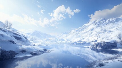 Serene winter landscape snow-covered mountains reflected in a calm lake under a bright blue sky.