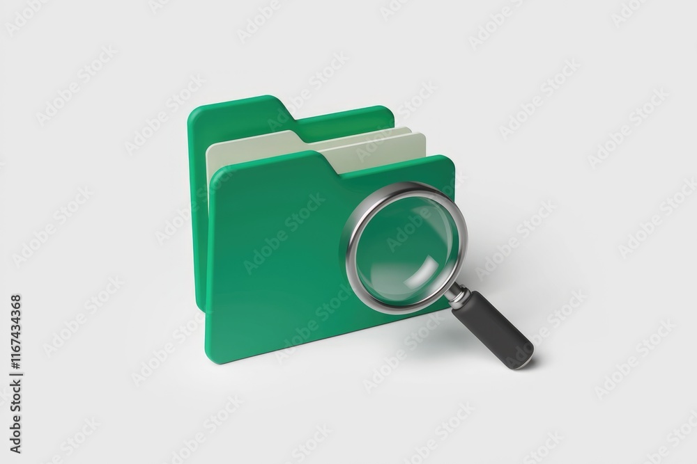 Poster A magnifying glass examines a green folder symbolizing file searching, data analysis, and information retrieval.