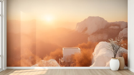 A 3D modern interior mural wallpaper showing a bird&rsquo;s eye view in soft pastel colors, bathed in warm golden hour light. The gentle and soothing scene is captured from a top-down perspective, mimicking