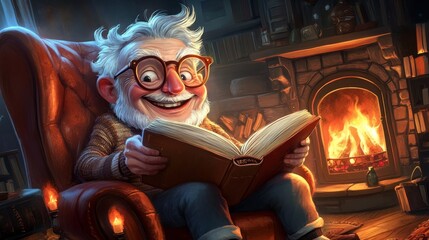 Obraz premium A man with silver hair and glasses rests comfortably in a chair near the fireplace, deeply immersed in a book, as the warm light of the fire adds to the scene's warm and welcoming ambiance.