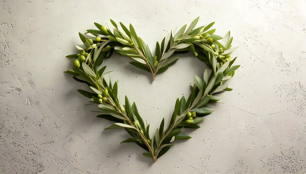 Olive branches artfully arranged in a heart shape against a textured, neutral backdrop.  Perfect for Valentine's Day, wedding invitations, or projects emphasizing nature, peace, and love.