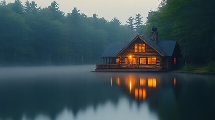 Fototapeta premium Illuminated Log Cabin on Misty Lake at Dusk