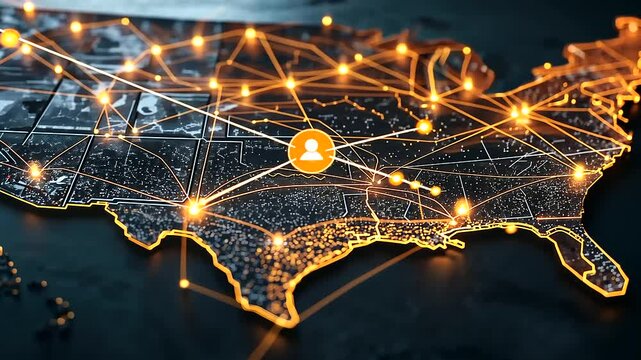 A creative visualization of the USA with interconnected glowing lights in industrial zones, emphasizing economic hubs and distribution lines across the country