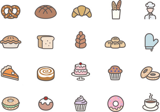 Bakery icons, duotone isolated vector illustration. Baked goods, bread, cake, rolls and pastry.