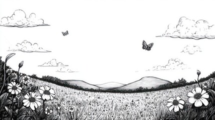 Obraz premium Black and White Drawing of a Summer Meadow Landscape