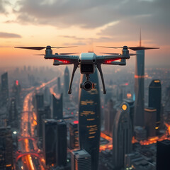 Aerial Drone Flying Over Illuminated Cityscape at Dusk