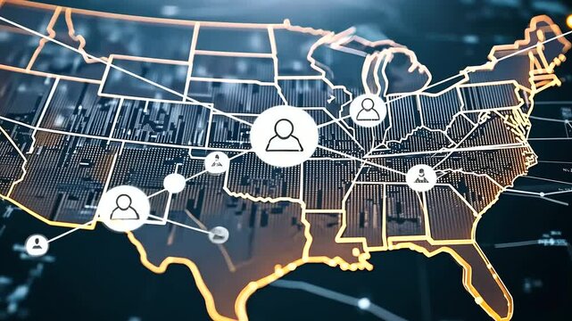 A modern map of the USA illuminated by clusters of glowing lights, with bold lines connecting major cities to showcase industrial and economic interconnectivity