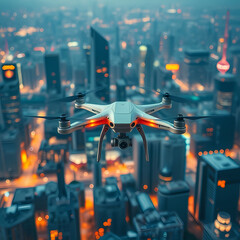Aerial Drone Flying Over Illuminated Cityscape at Dusk
