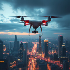 Aerial Drone Flying Over Illuminated Cityscape at Dusk