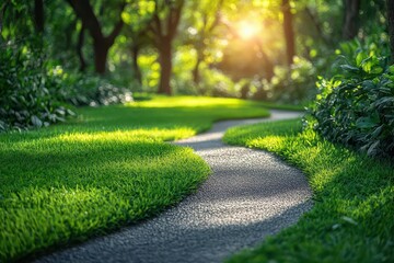 Obraz premium serene winding asphalt path through lush green grass inviting viewers on a peaceful journey soft sunlight filters through the trees creating a tranquil atmosphere