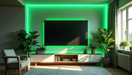 Modern Living Room with Green LED Accents, Indoor Plants, and Minimalist Furniture