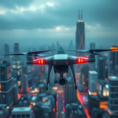 Aerial Drone Flying Over Illuminated Cityscape at Dusk