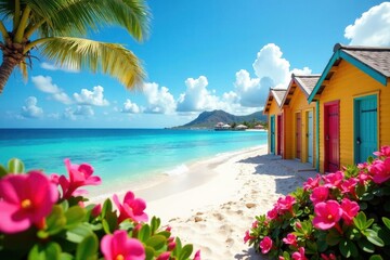 Colorful beach huts and vibrant flowers surround tranquil waters at Mambo Beach on Curacao, island, beach hut