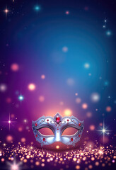 Fototapeta premium Vertical banner, website header featuring a gorgeous carnival mask, postcard with copy space. Elegant silver mask with red jewels on magical sparkling background