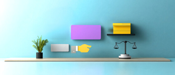 A modern workspace featuring a plant, colorful boxes, a handshake symbol, and a scale, conveying themes of business, partnership, and organization.
