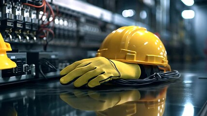 A yellow helmet and gloves placed on an industrial power panel, with a cable running through safety clips, emphasizing adherence to safety standards