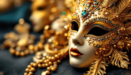 Horizontal banner, website header, postcard with space for text. Intricate gold venetian mask with gems and feathers on display