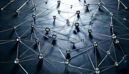 Abstract network concept. Stylish metallic spheres interconnected by thin wires against a dark blue background. Ideal for illustrating connection, communication, technology, and global network themes.
