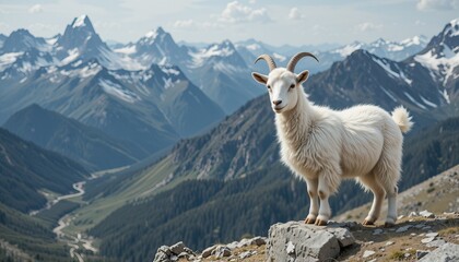 Fototapeta premium Fluffy white goat stands on rocky mountaintop overlooking snow-capped peaks. 