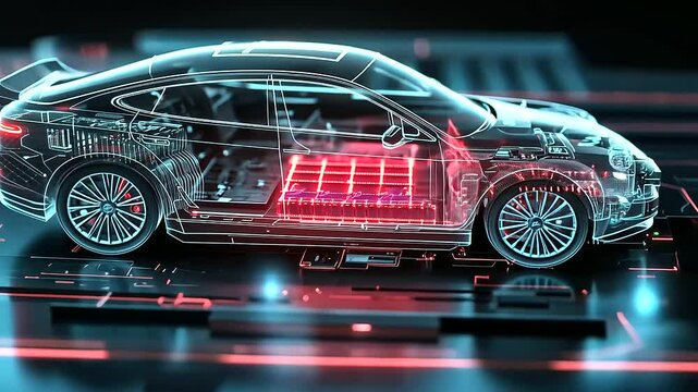 A D-rendered diagram of an electric car with its battery pack displayed in cross-section, featuring detailed annotations of cell structure and cooling mechanisms