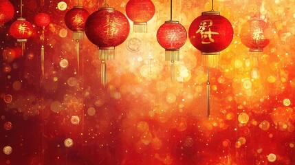 Abstract design featuring festive Chinese elements like lanterns and coins in glowing red and gold patterns.
