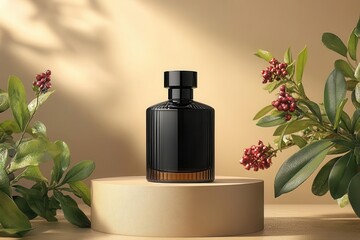 sleek black perfume bottle positioned elegantly on a minimalist podium reflecting light subtly against a neutral background symbolizing luxury and sophistication