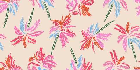 Fototapeta premium Tropical pattern with freehand drawn palm trees. Hawaii summer background for fabric, textiles, clothing, poster, cover, decoration, banner, wallpaper, interior decor. Vector illustration.