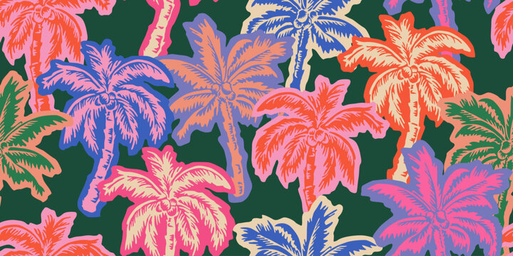 Tropical pattern with freehand drawn palm trees. Hawaii summer background for fabric, textiles, clothing, poster, cover, decoration, banner, wallpaper, interior decor. Vector illustration.
