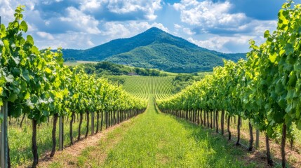 Fototapeta premium Scenic Vineyard with Panoramic Mountain View
