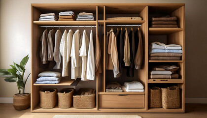 Stylish wooden wardrobe with neatly organized clothing, showcasing neutral earth tones and minimalist design. Perfect for interior design, home organization, and lifestyle blogs.  Ideal for showcasing