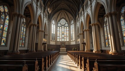 Fototapeta premium Sunlit Sanctuary: A Majestic Church Interior with Stained Glass and Wooden Pews