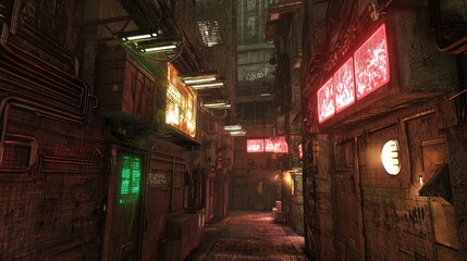 Neon Urban Isolation - Cyberpunk Night Cityscape with Lone Figure in High-Tech Outfit Beneath Glowing Signs and Advertisements