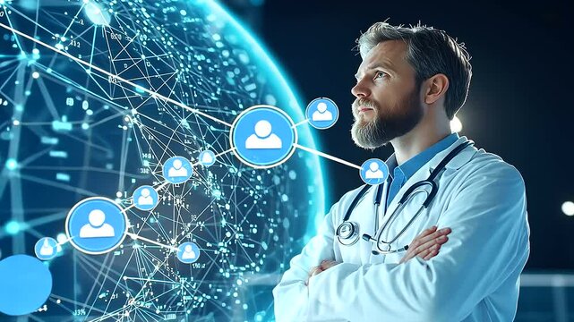 A doctor standing in front of a glowing D globe made of interconnected data points, holding a stethoscope with a thoughtful expression