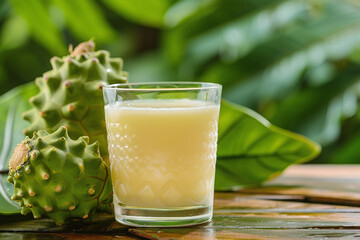Refreshing Soursop Juice in a Mason Jar with Soursop Fruit Slices and Tropical Drink Garnish, Healthy Beverage