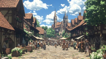 Bustling medieval village scene with townsfolk and charming architecture.