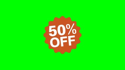 "50% Off" text animation loop video on a green screen background for sales, discounts, special offers or promotional video editing