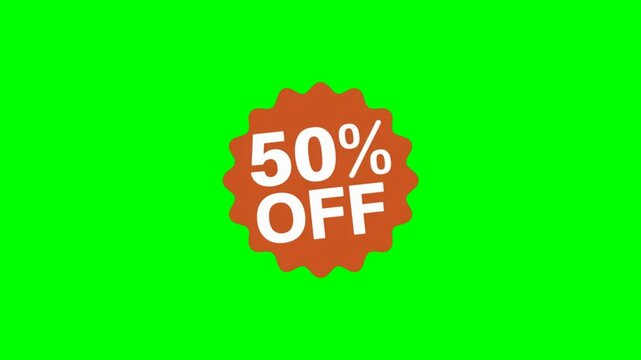 "50% Off" text animation loop video on a green screen background for sales, discounts, special offers or promotional video editing